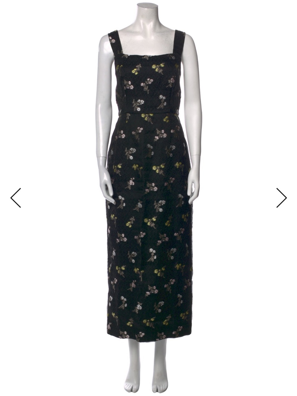 St. John Black Floral Square-Neck Maxi Dress with Yellow and Pink Accents